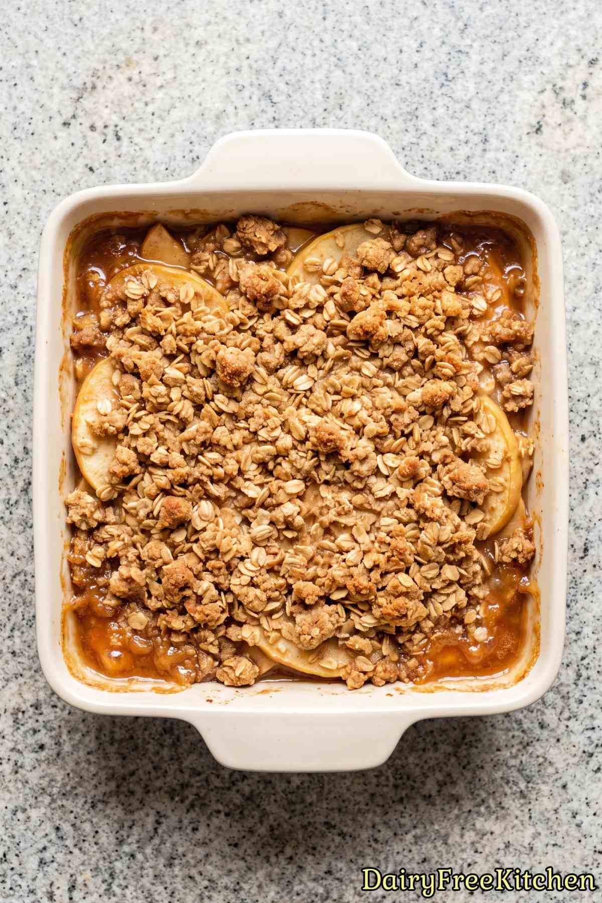 Simple golden dairy free apple crumble.