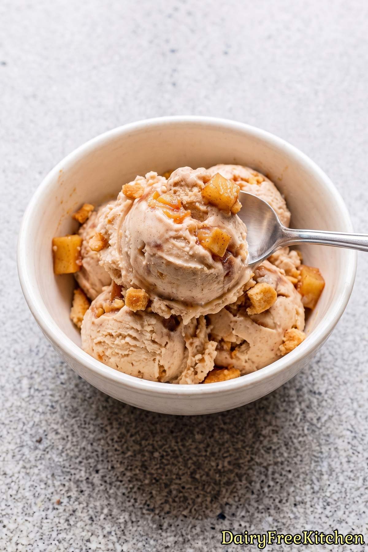 Scoops of dairy free apple pie ice cream