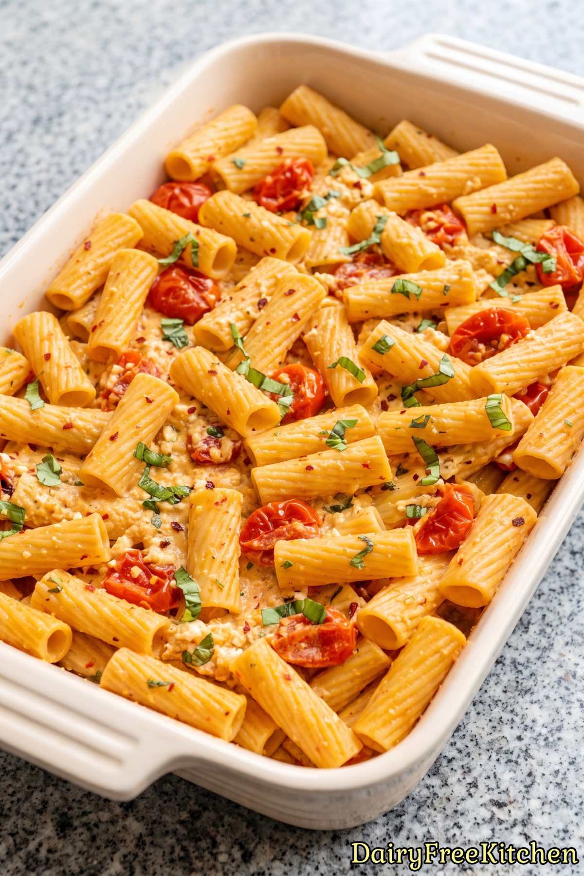 Warm plant based baked feta pasta bowl