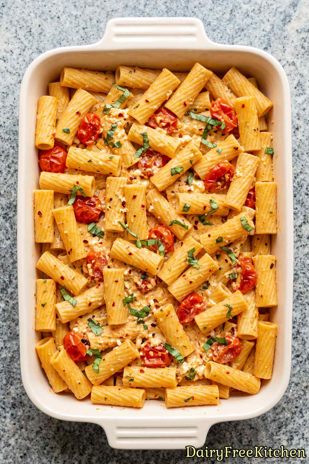 Simple dairy free baked feta pasta meal