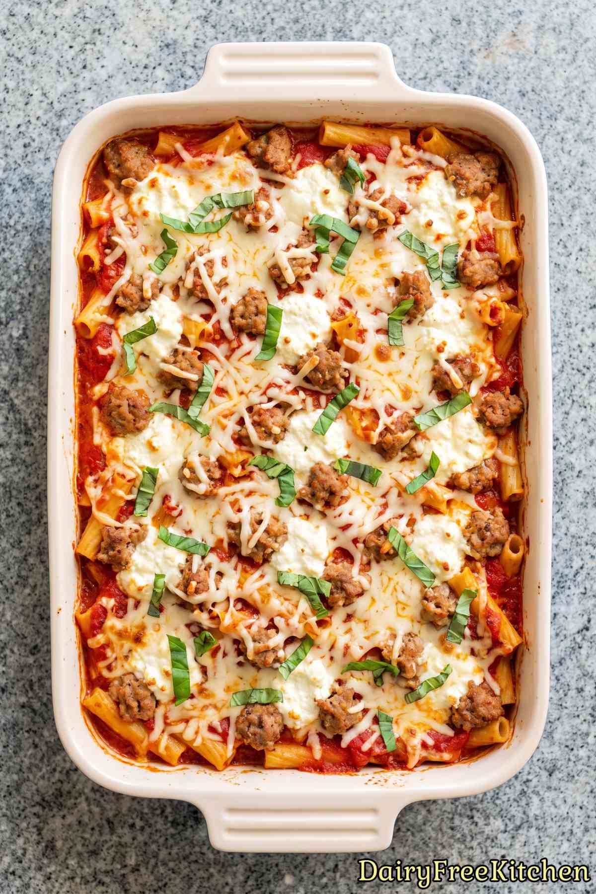 Classic dairy free baked ziti dish