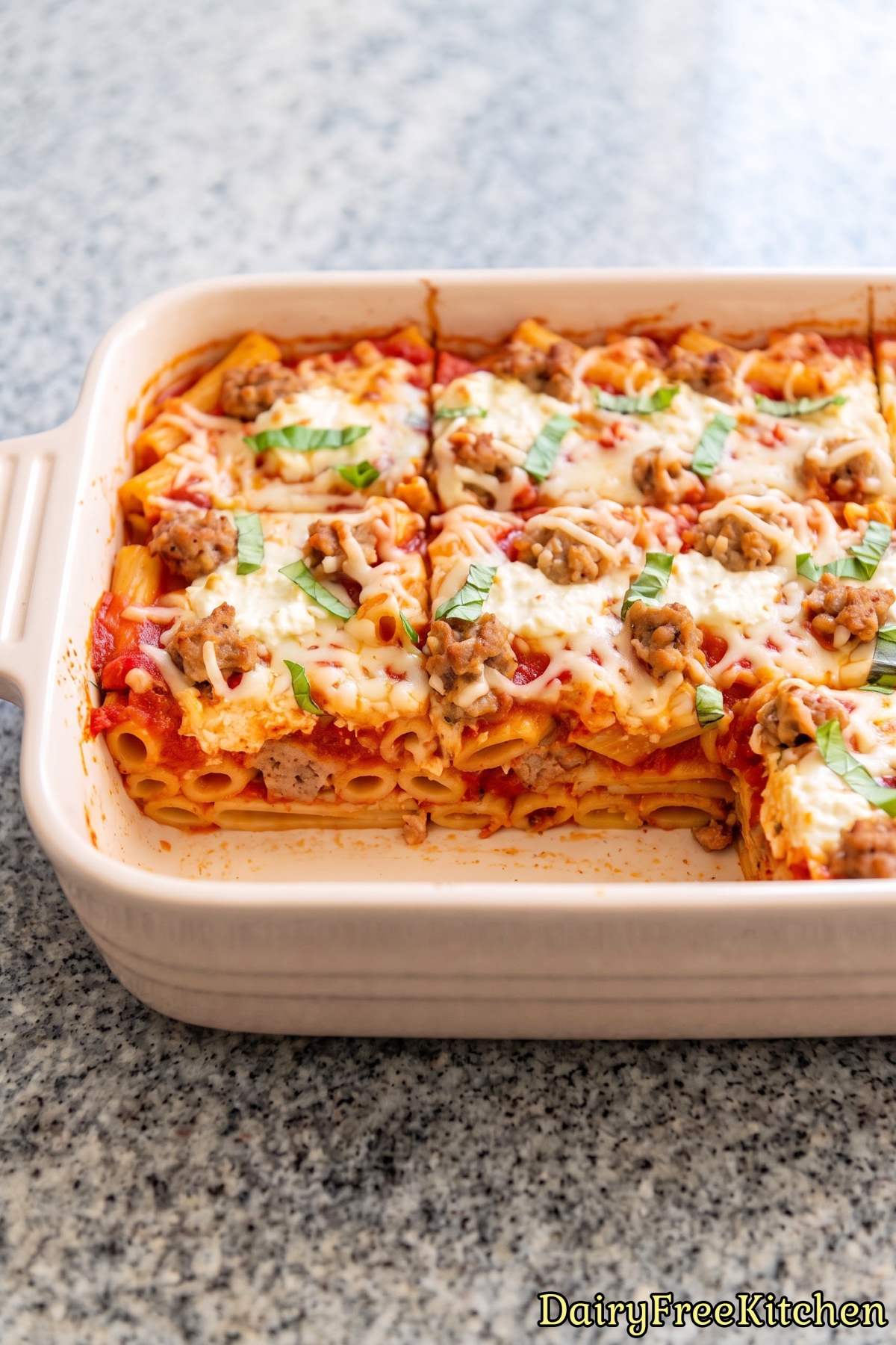 Creamy dairy free baked ziti casserole