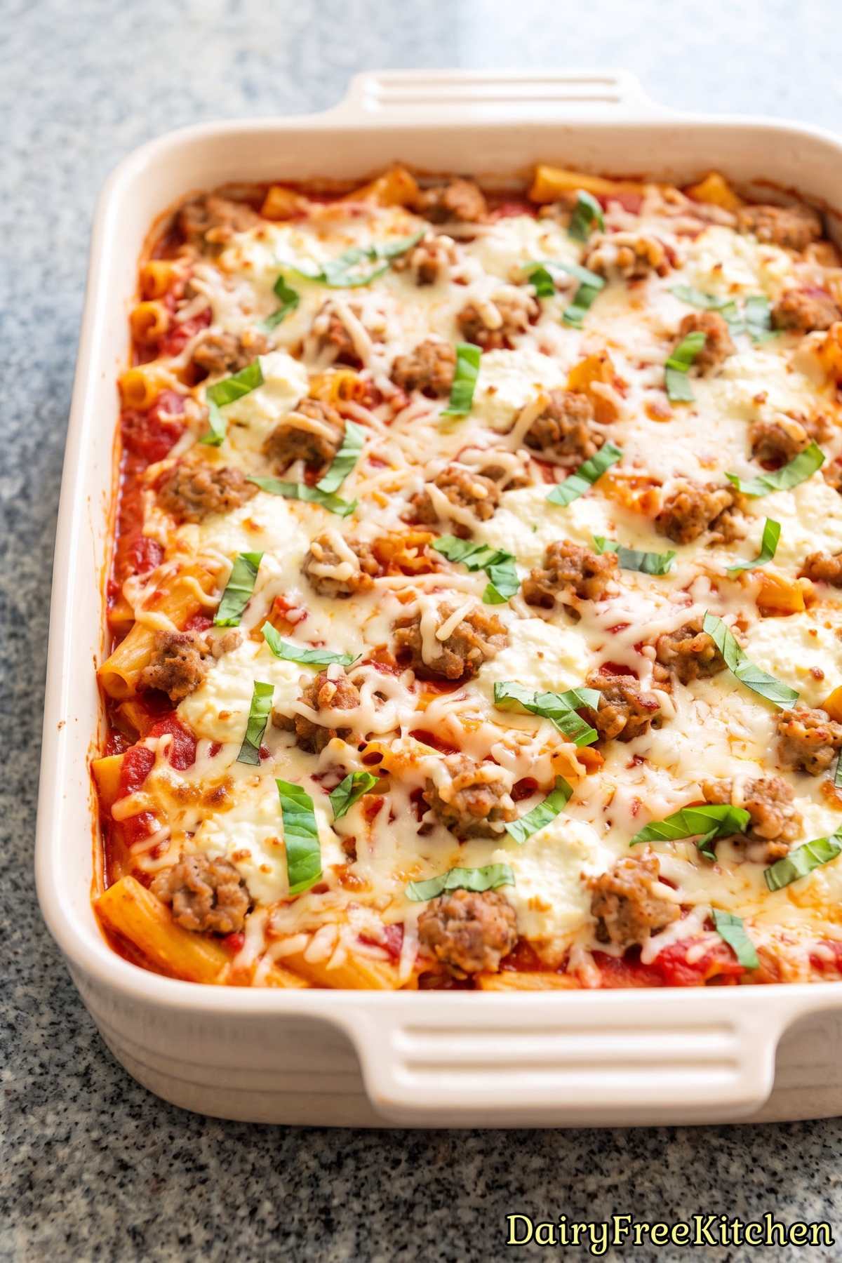 Savory dairy free baked ziti pasta
