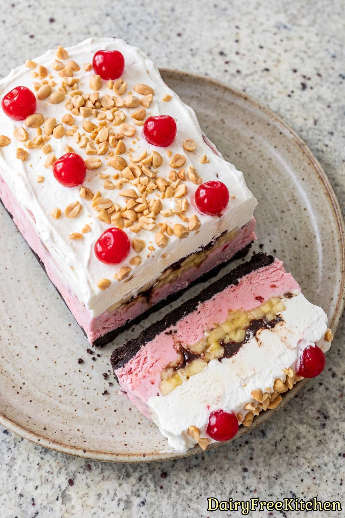 Layered banana split ice cream cake