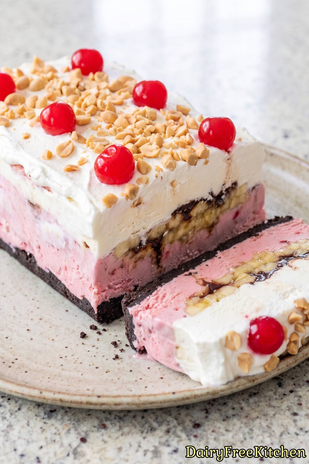Rich dairy free banana split cake