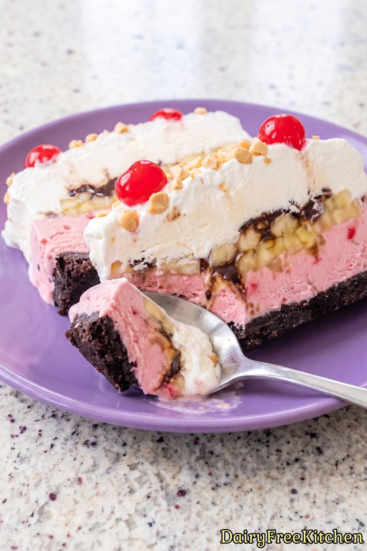 Dairy free frozen banana split cake