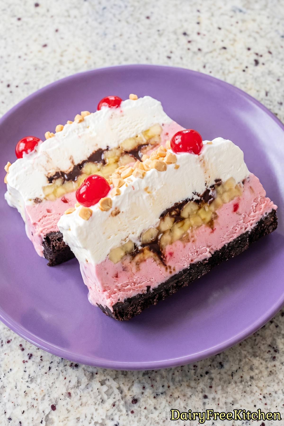 Frozen banana split ice cream cake