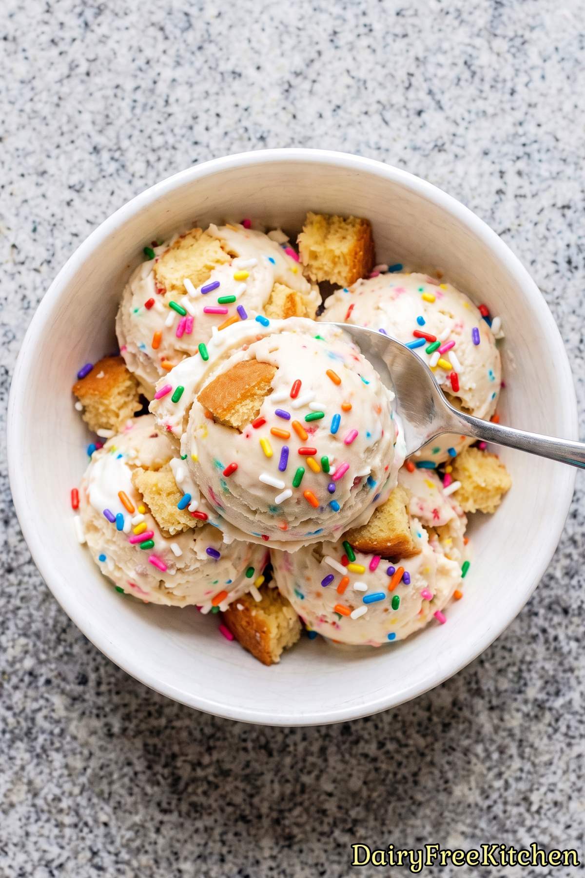 Bowl of dairy free birthday cake ice cream