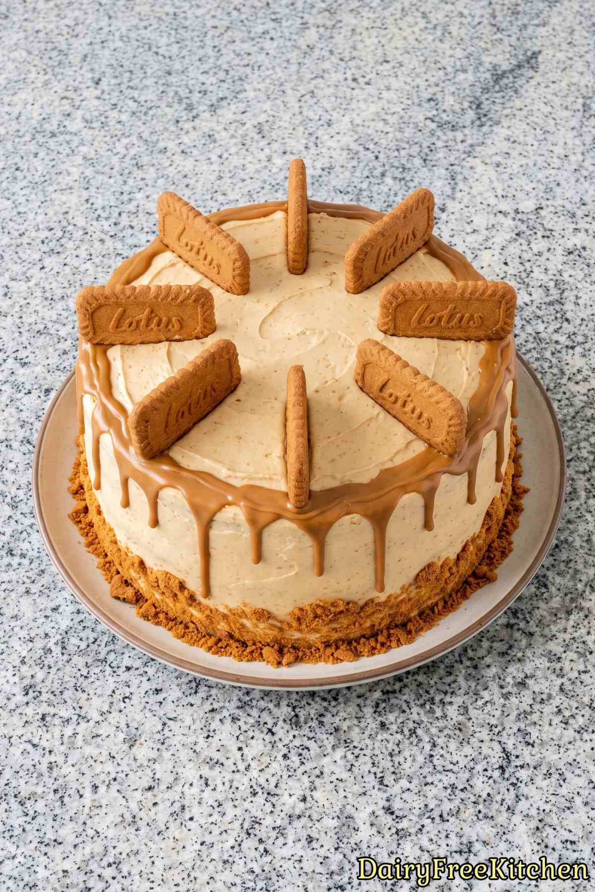 Whole dairy free Biscoff cake on a stand