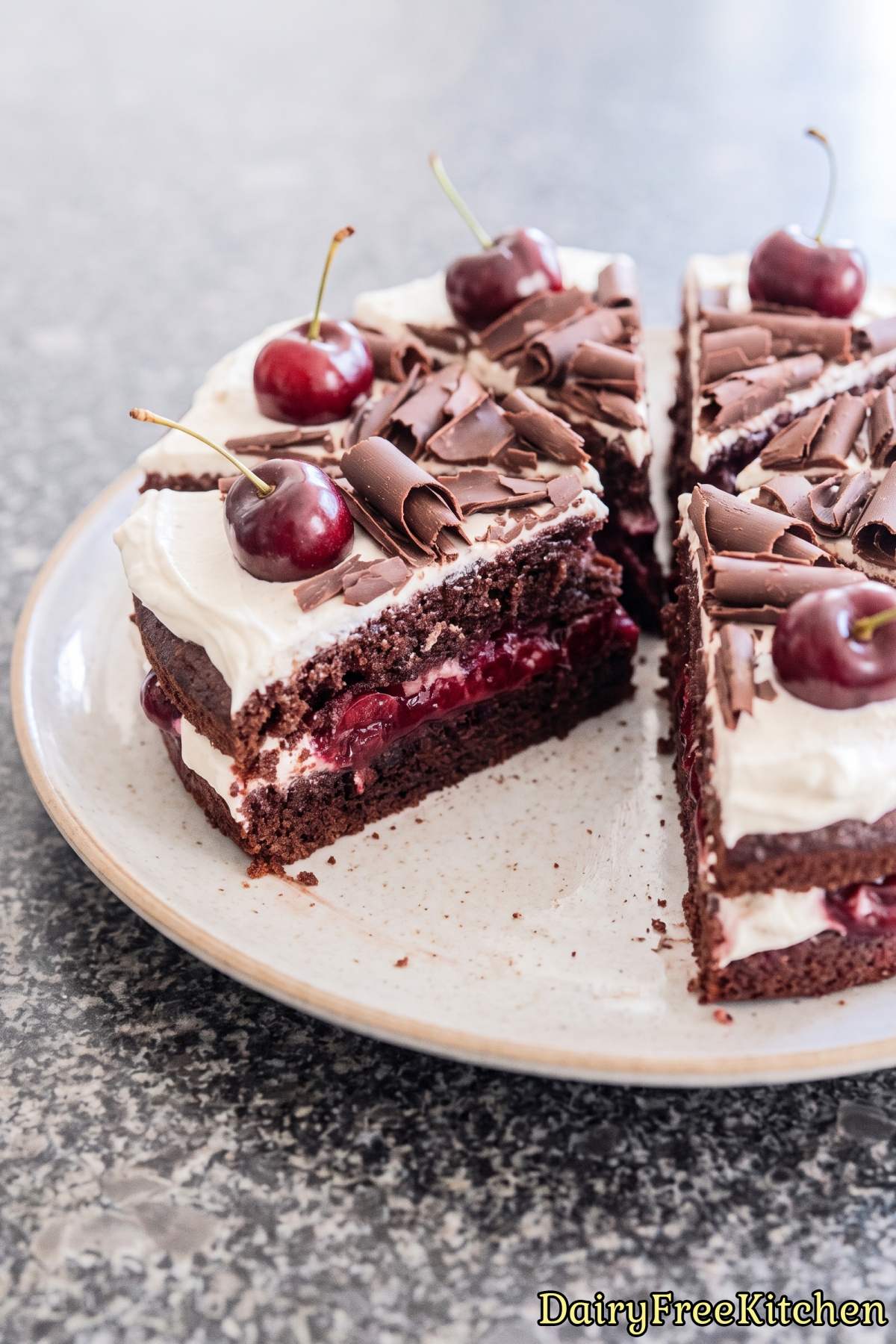 Delicious vegan black forest cake with cream.