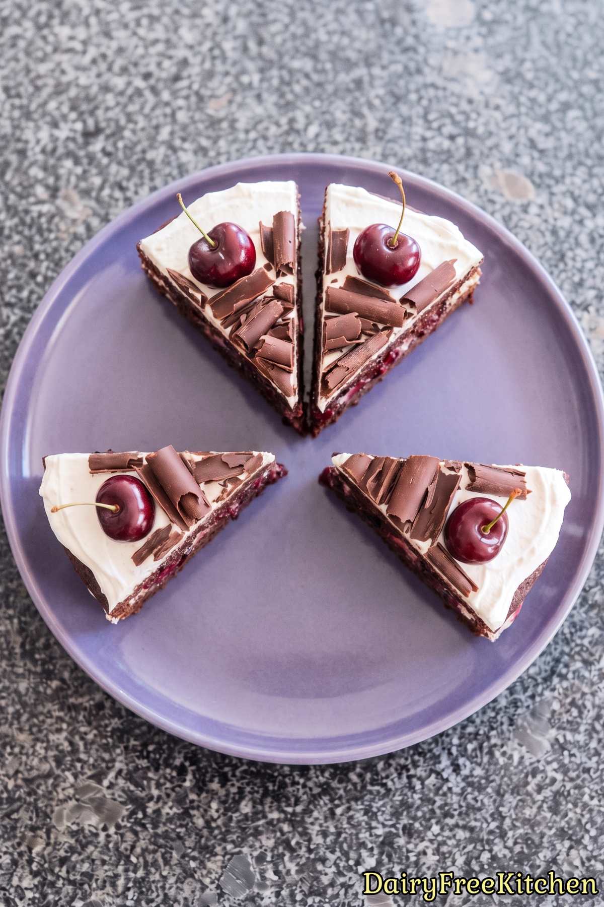Creamy dairy free black forest cake dessert.