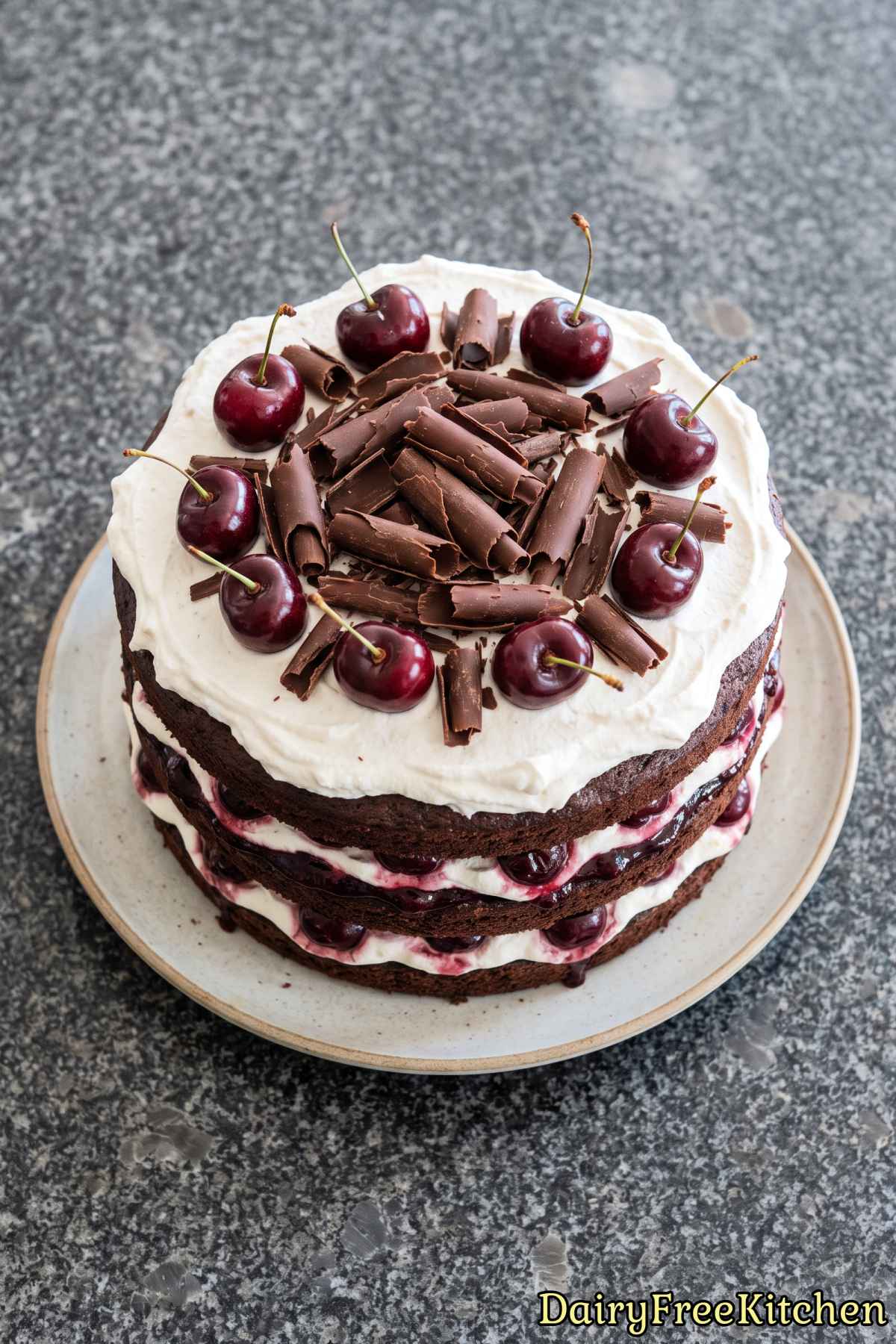 Tasty dairy free chocolate and cherry cake.