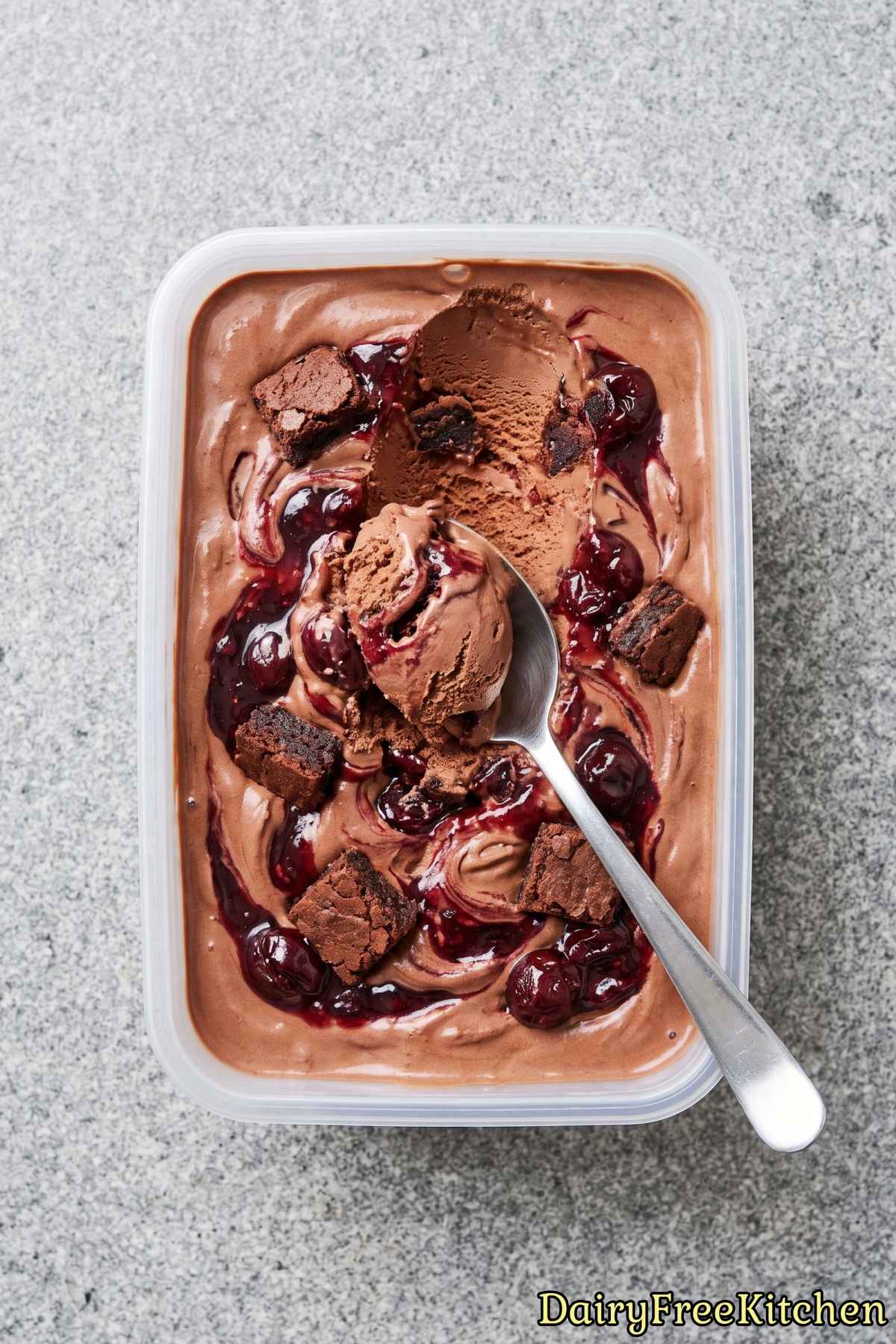 Sweet dairy free black forest ice cream scoop