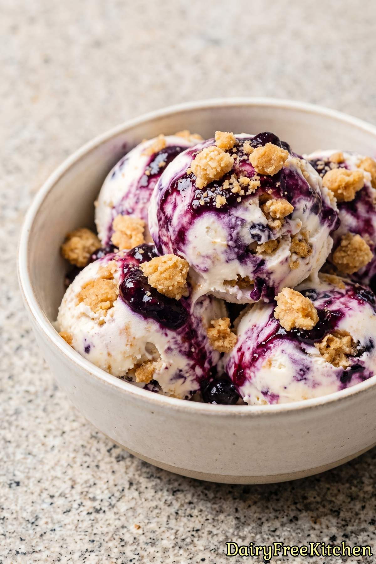 Bowl of blueberry crumble dairy free ice cream