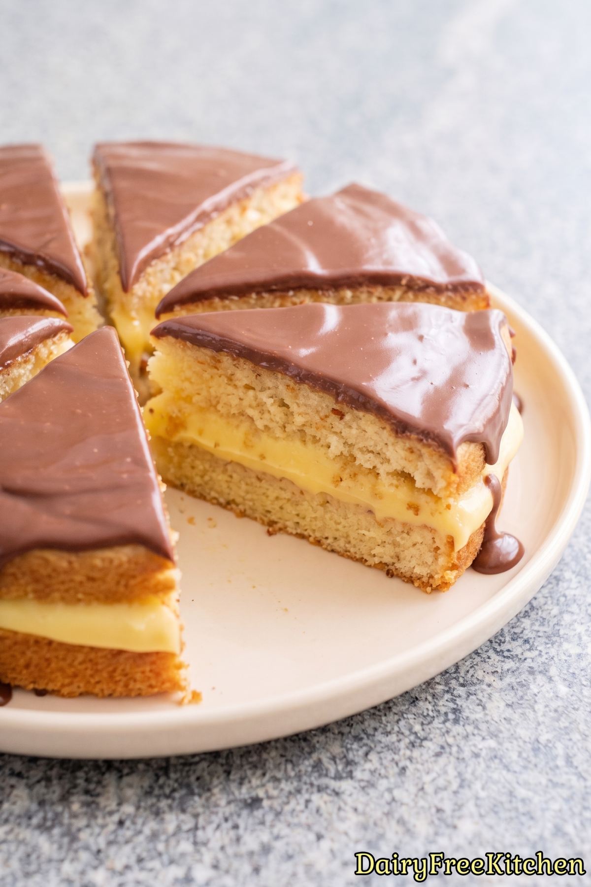 Sweet slice of dairy free Boston cream cake