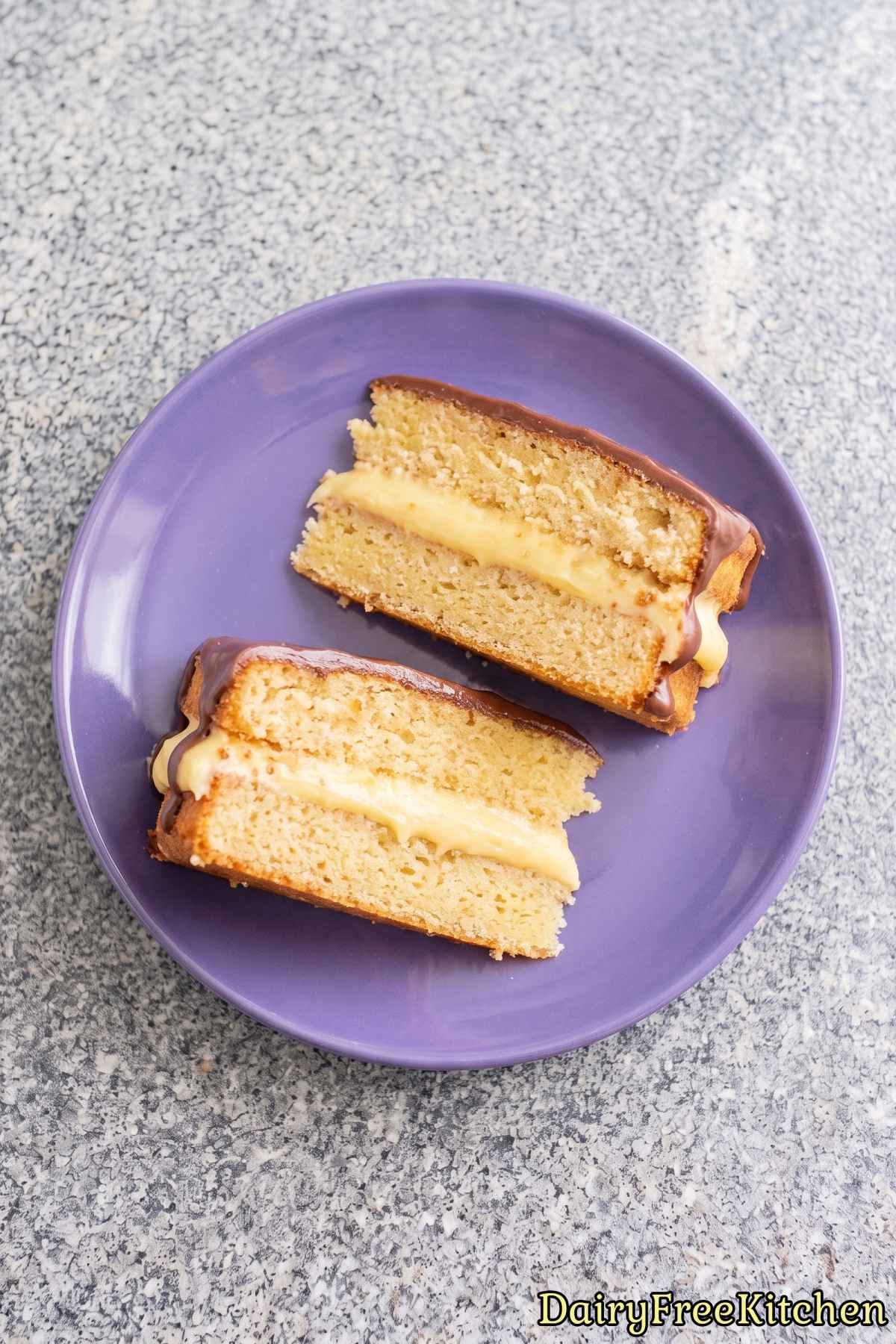Slice of homemade dairy free Boston cream pie