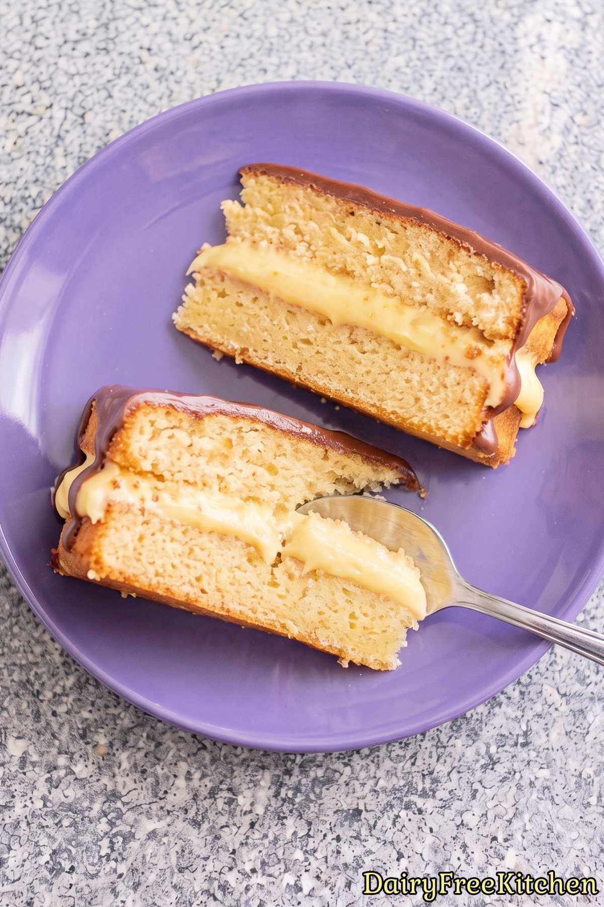 Creamy slice of dairy free Boston cream pie