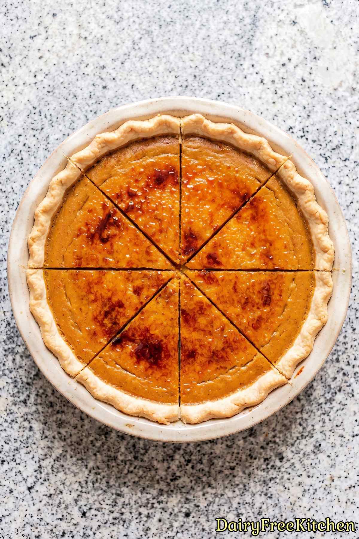 Dairy free bruleed pumpkin pie slice
