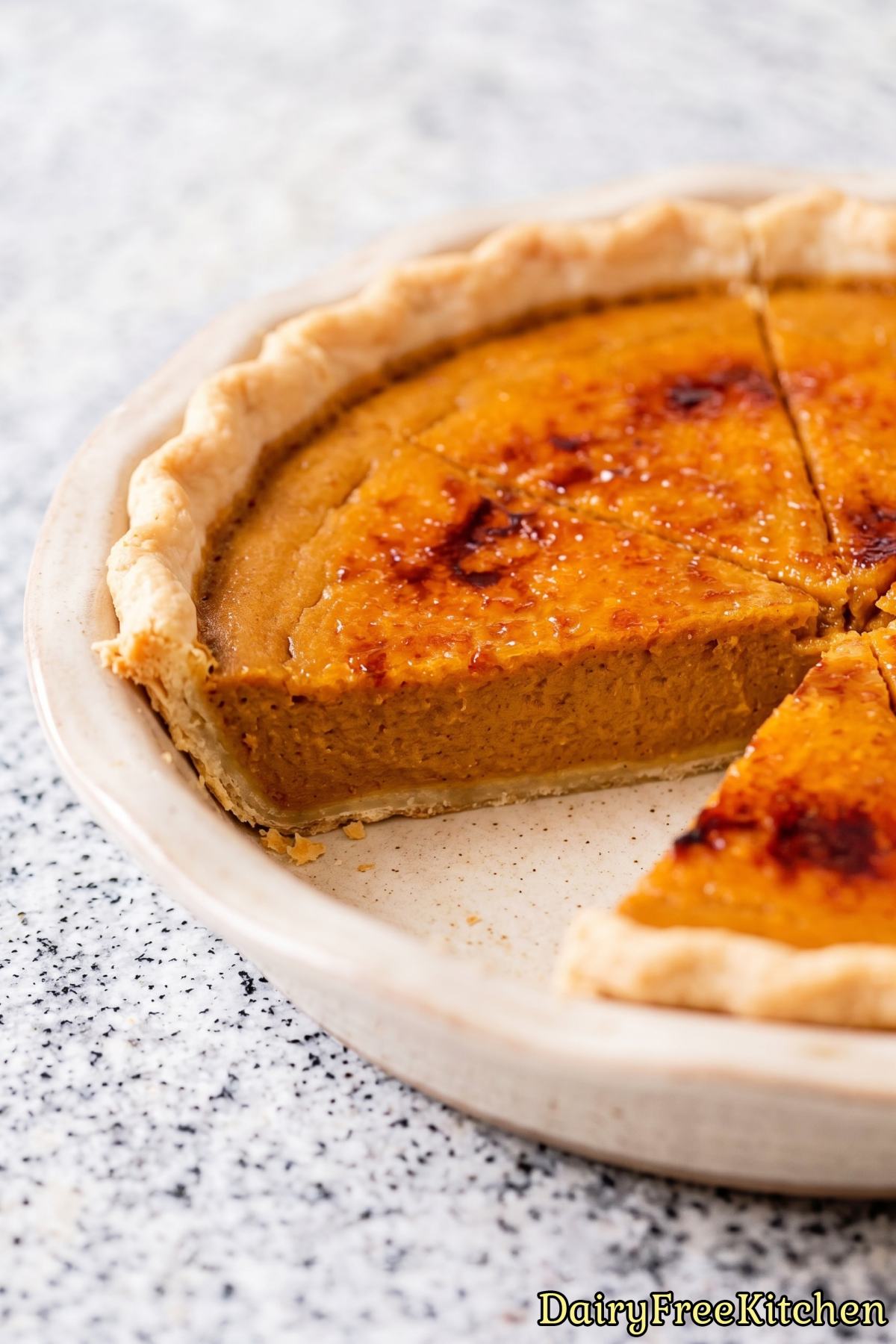 Fresh baked dairy free bruleed pumpkin pie