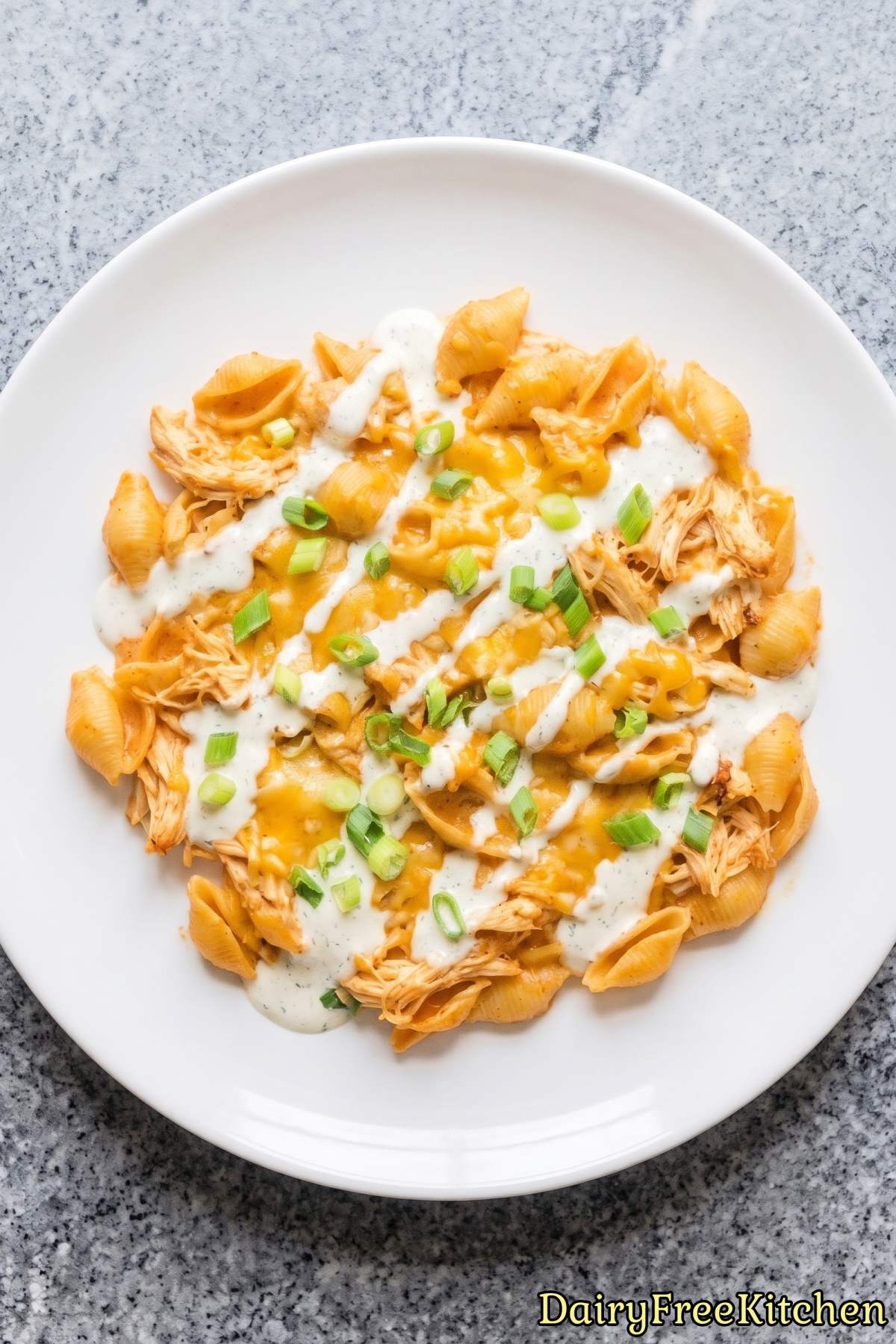 Warm dairy free buffalo chicken pasta