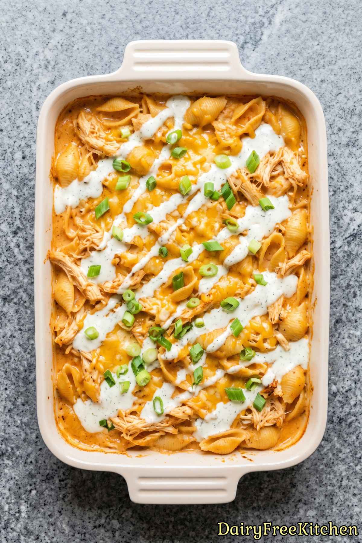Simple dairy free buffalo chicken pasta bake