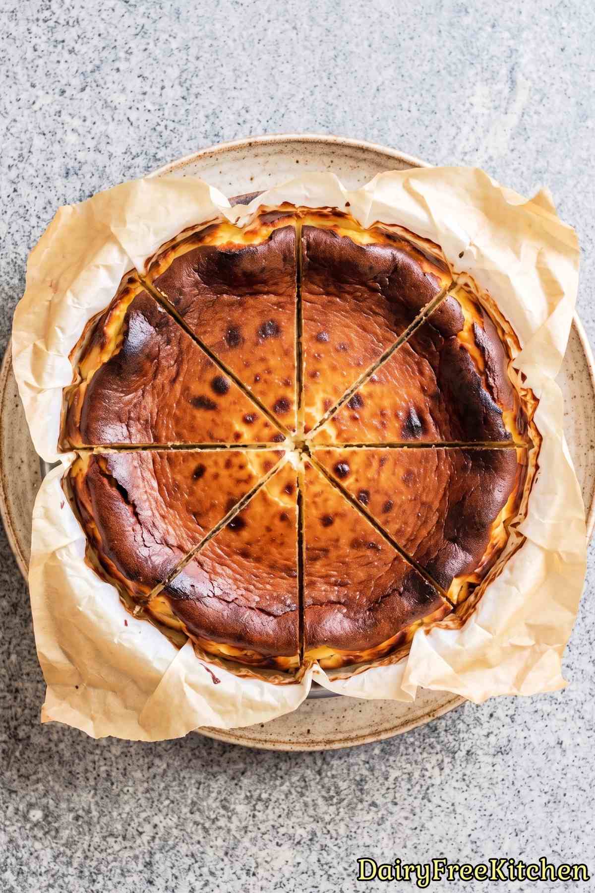 Fresh baked dairy free Basque cheesecake