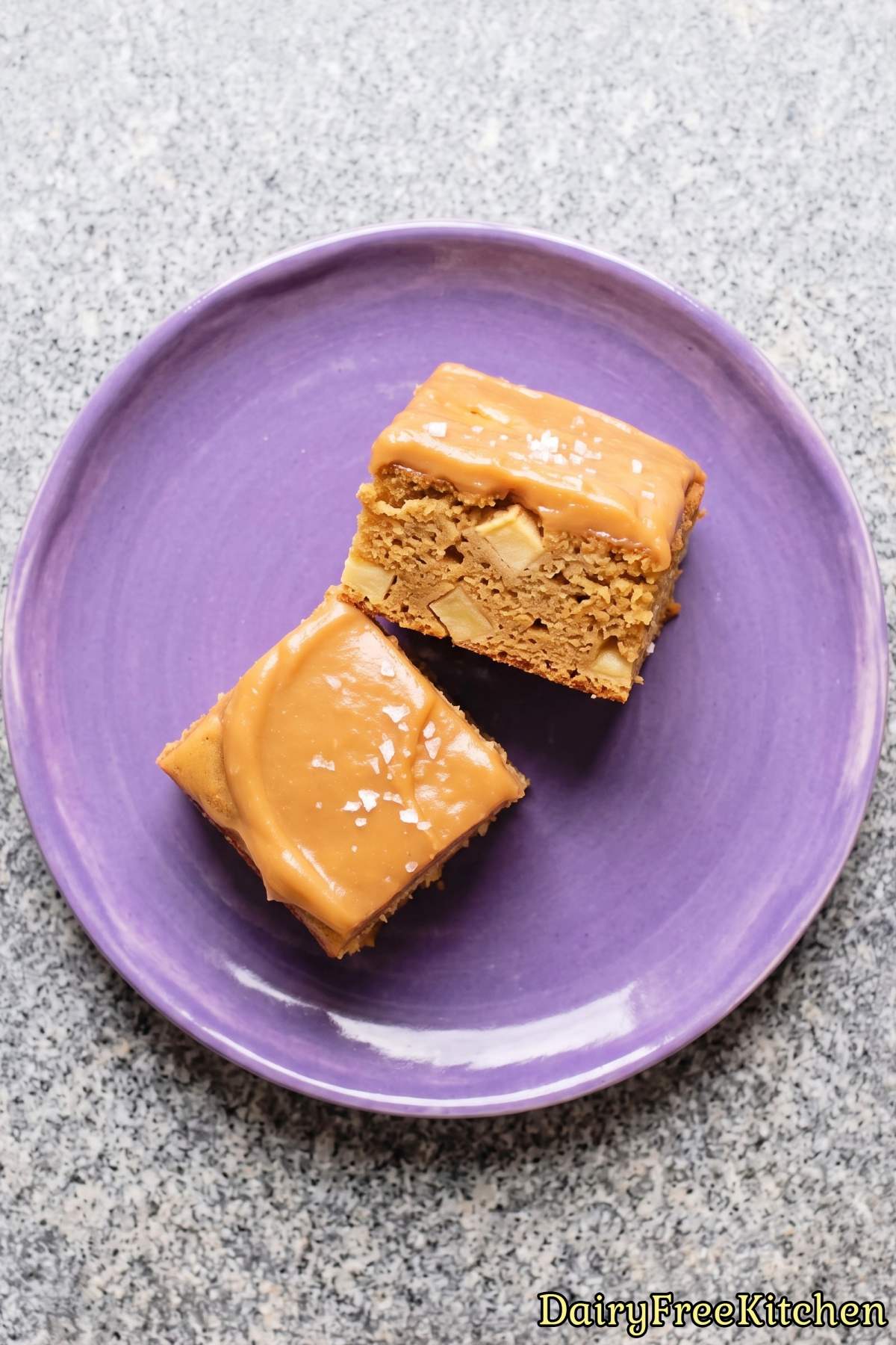 Moist dairy free caramel apple cake slice