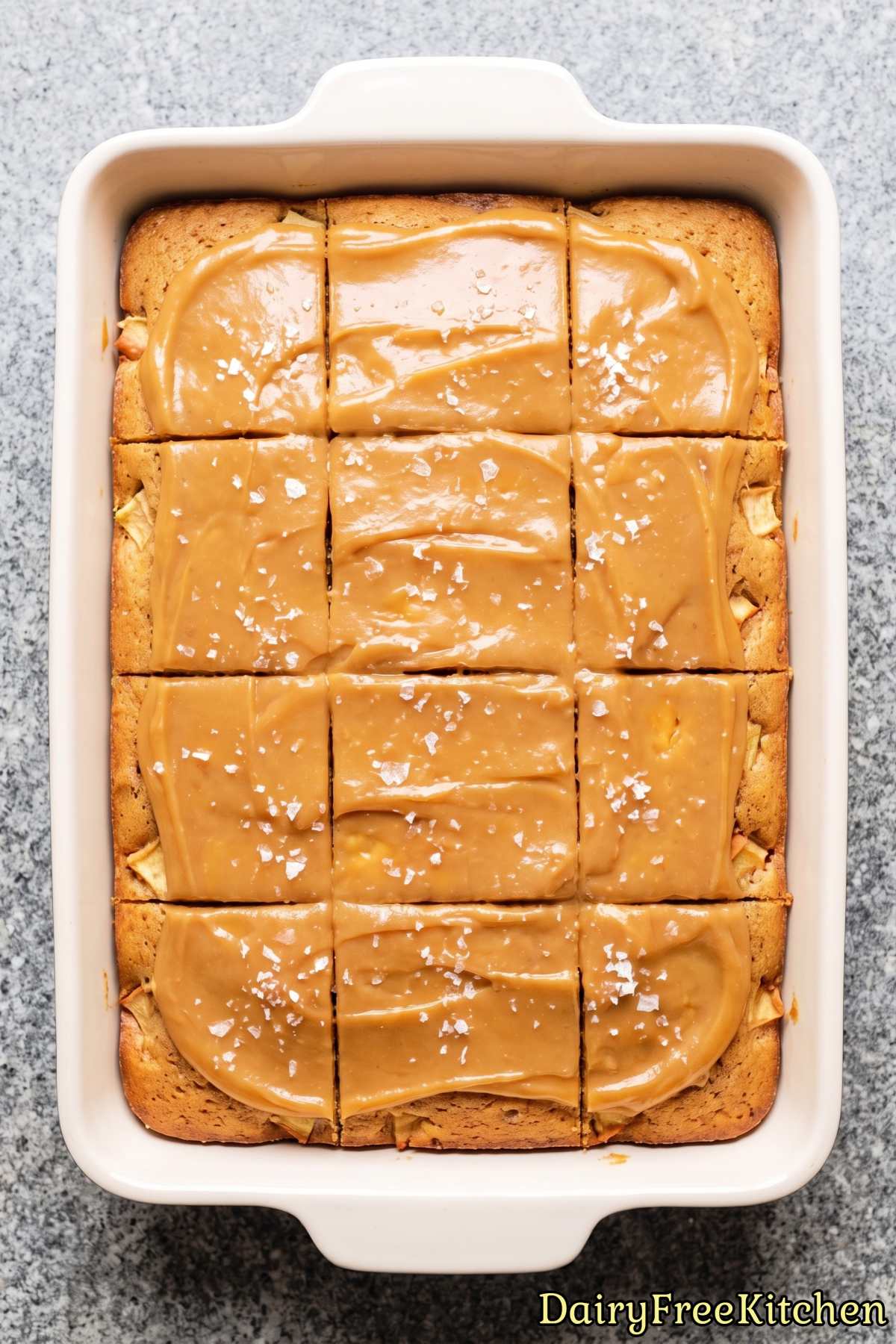Slice of dairy free caramel apple cake