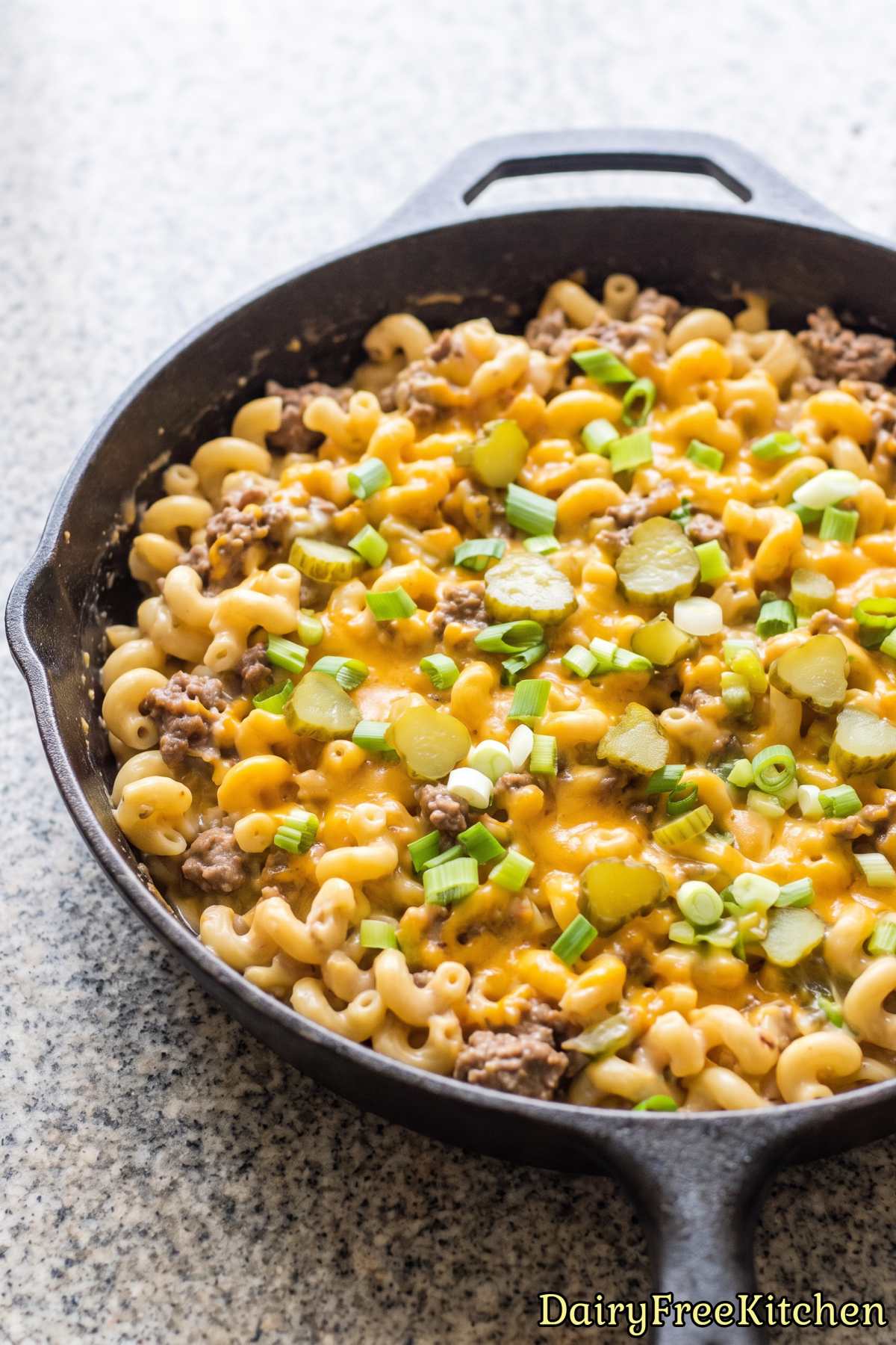 Tasty dairy free cheeseburger pasta skillet
