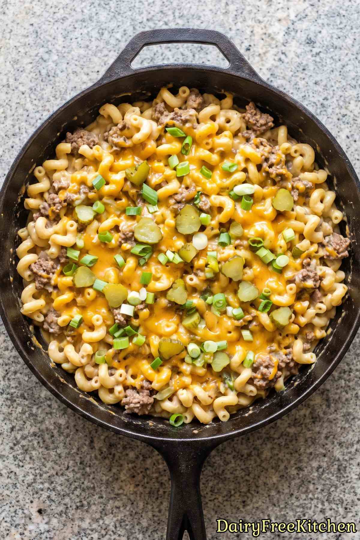 Simple dairy free cheeseburger pasta skillet