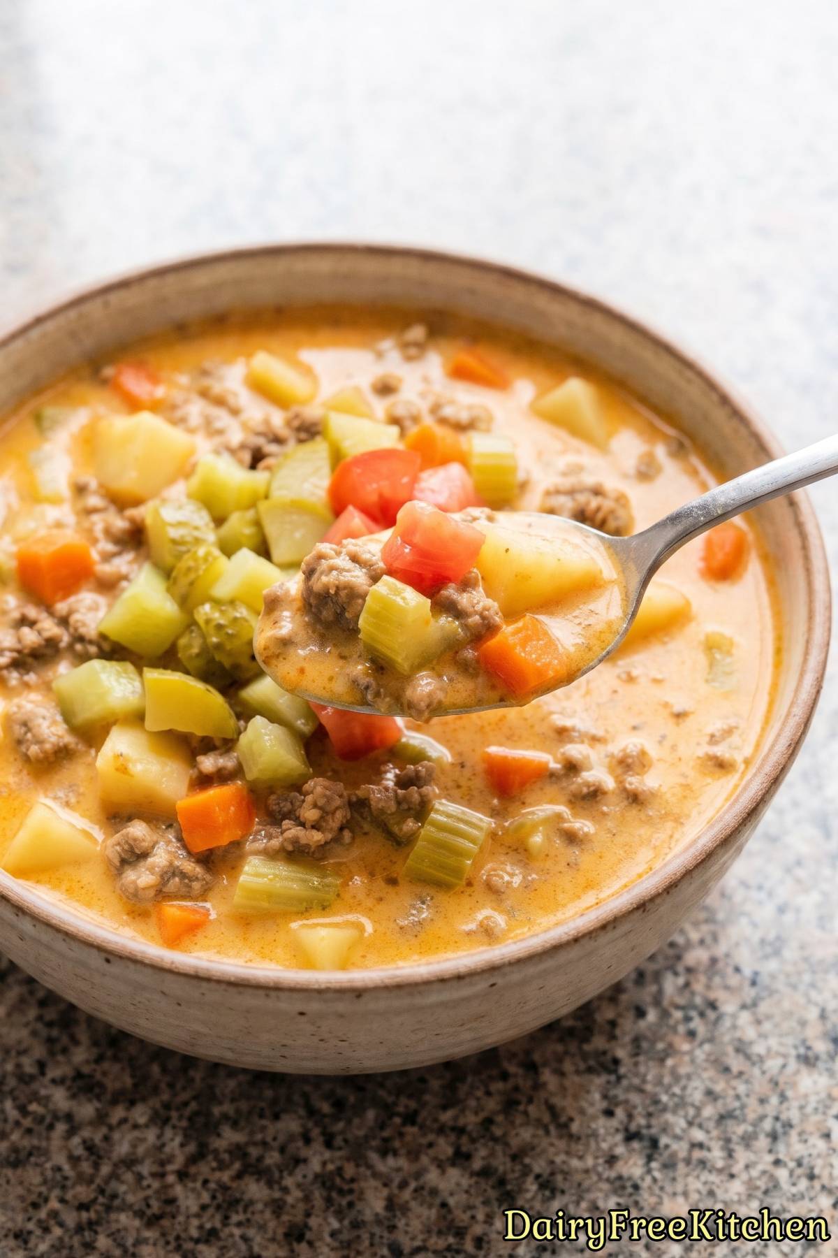 Warm dairy free cheeseburger soup