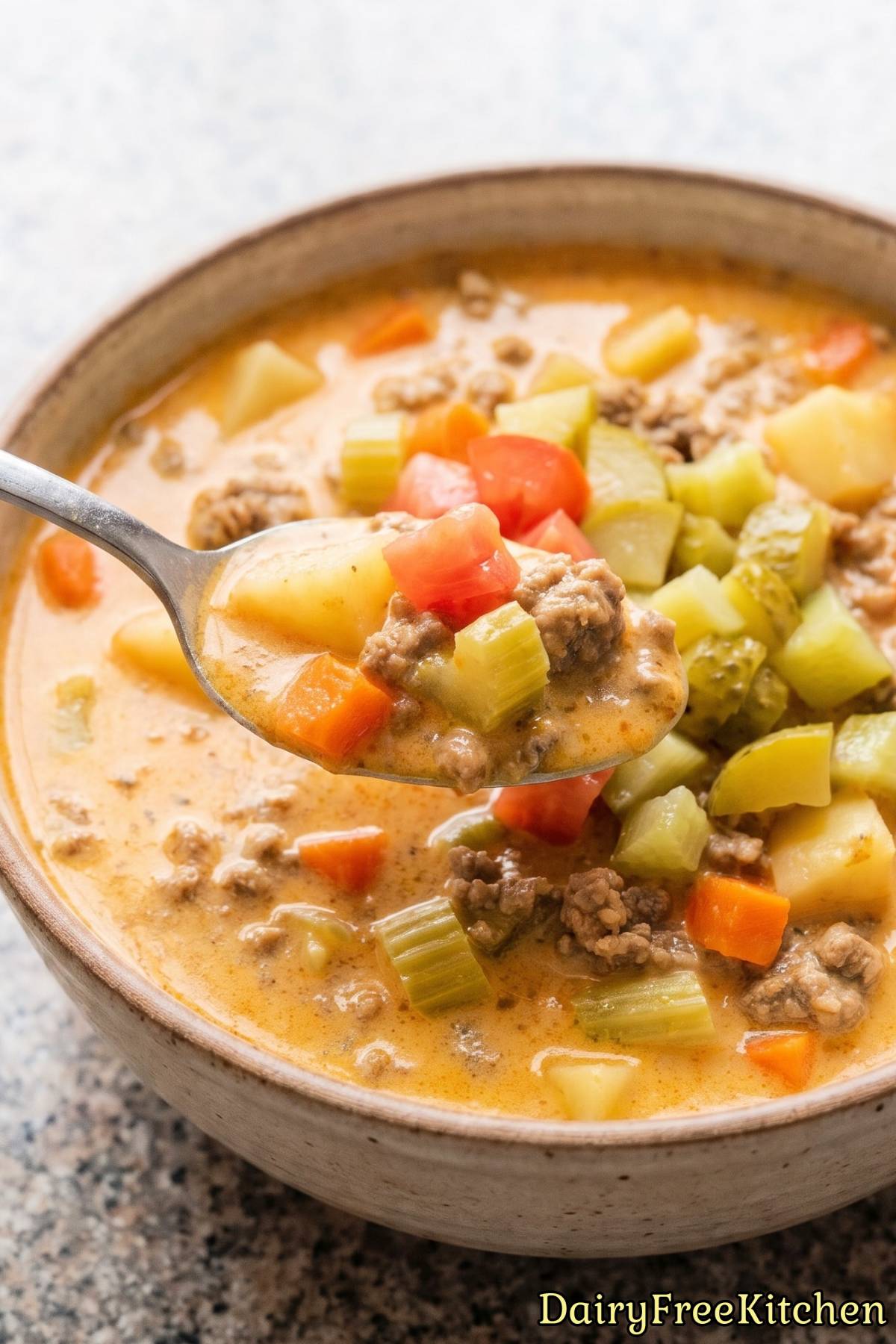 Dairy free cheeseburger soup in a bowl