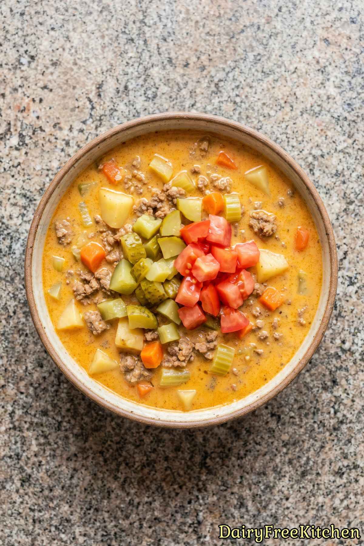Cozy homemade dairy free cheeseburger soup