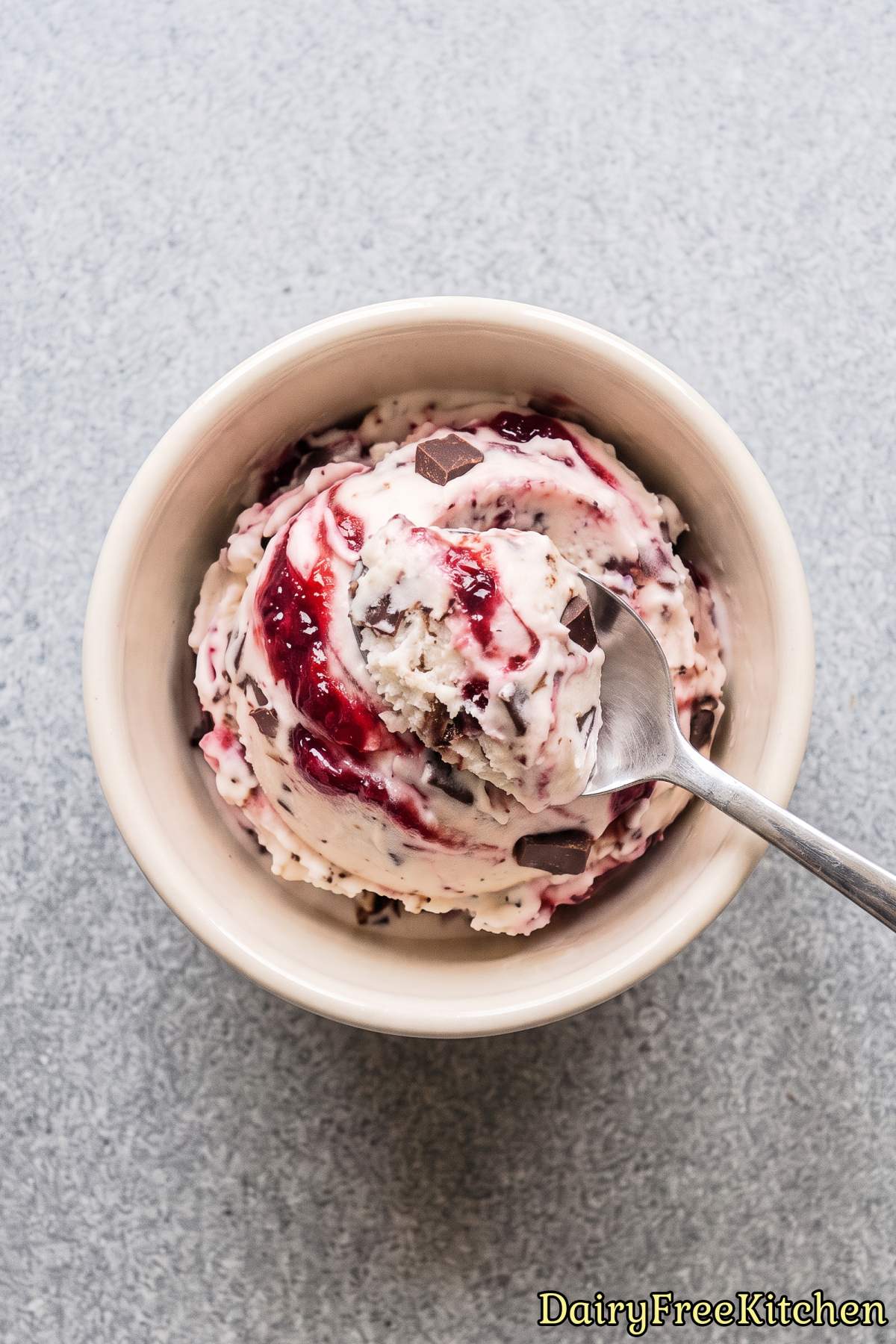 Scoop of dairy free cherry chocolate ice cream