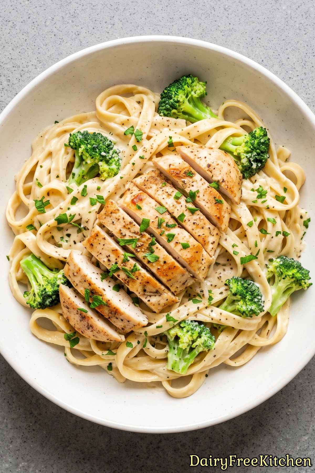 Warm dairy free chicken broccoli fettuccine