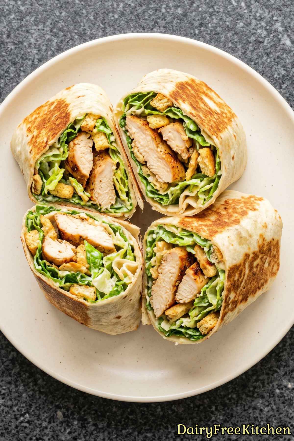 Plated dairy free chicken caesar wraps