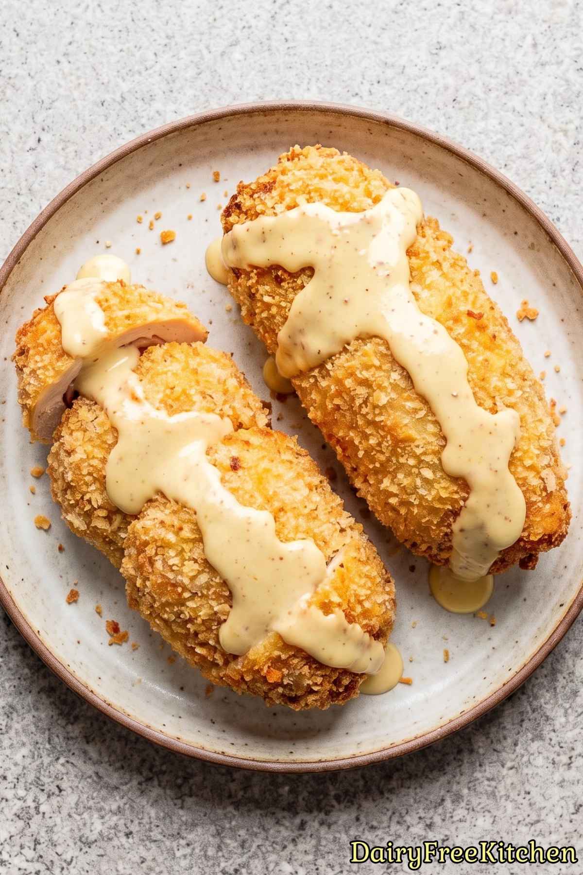 Crispy dairy free chicken cordon bleu on a plate