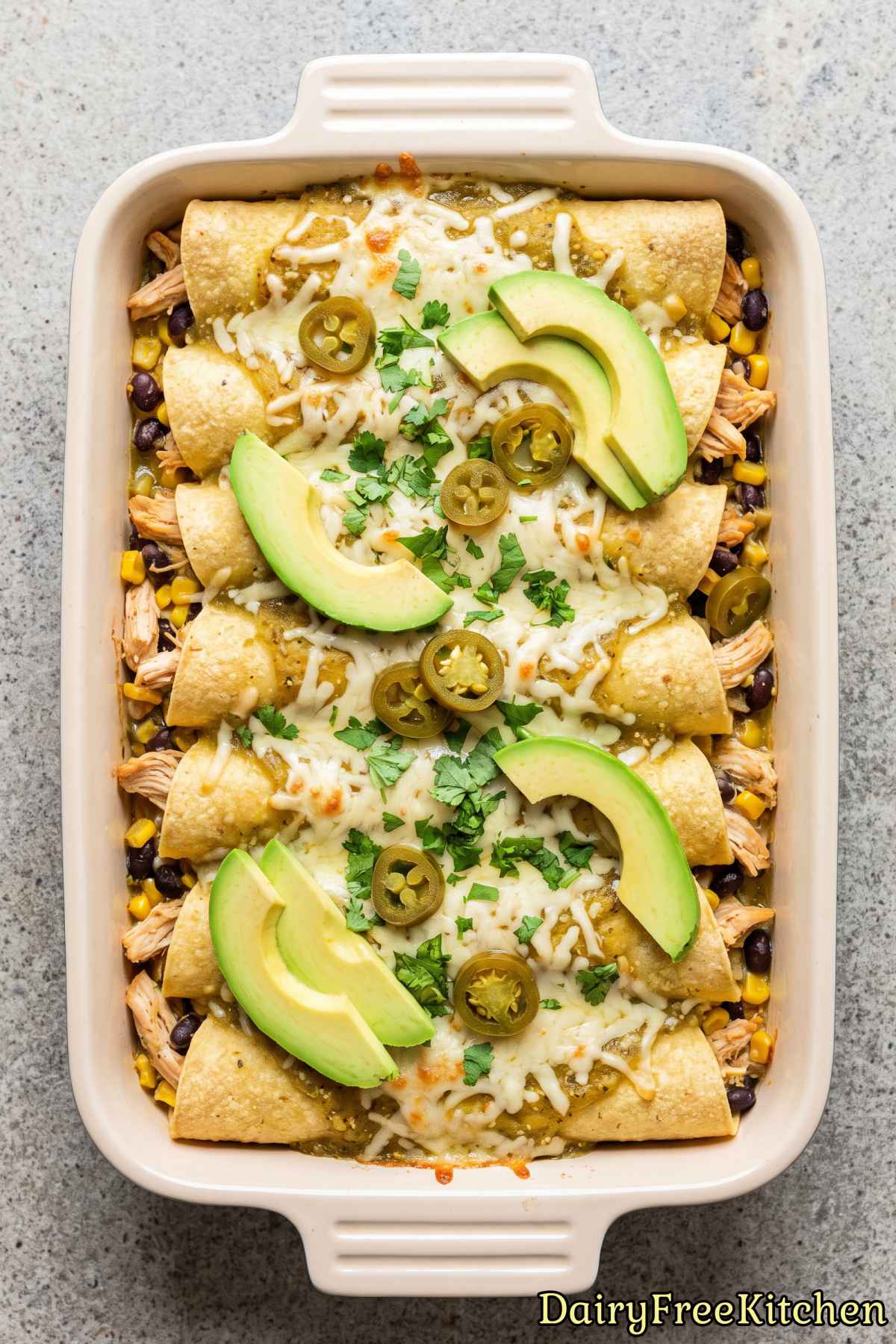 Warm baked dairy free chicken enchiladas