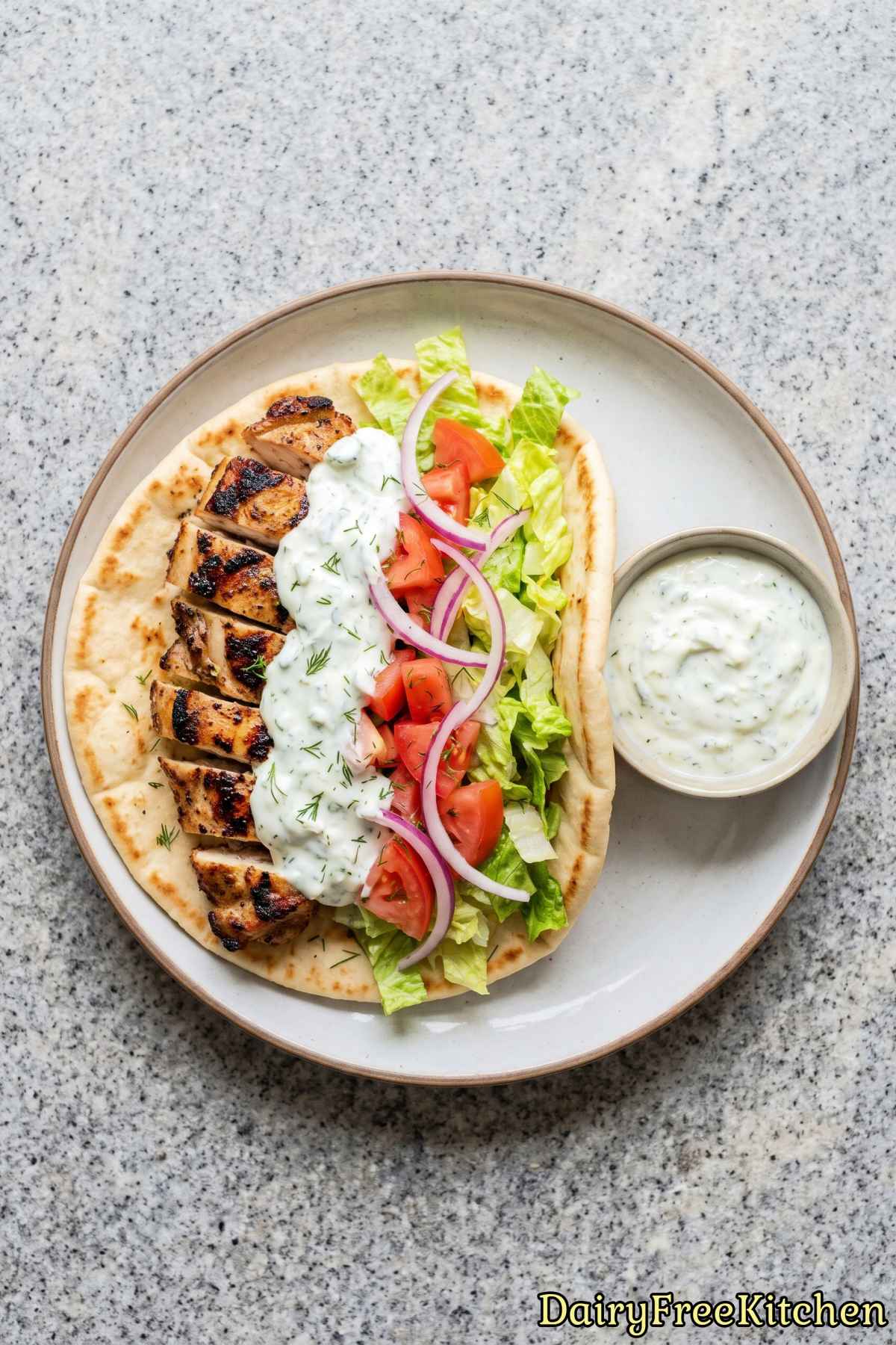Fresh dairy-free chicken gyros and tzatziki