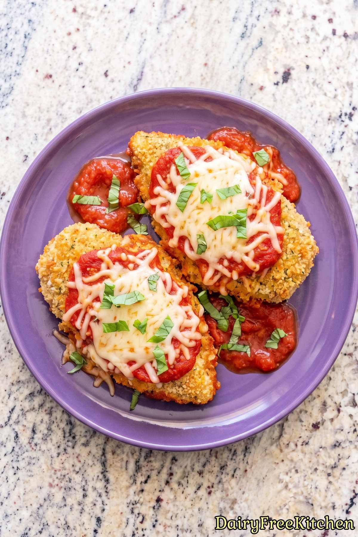 Dairy free chicken parmesan with melted cheese