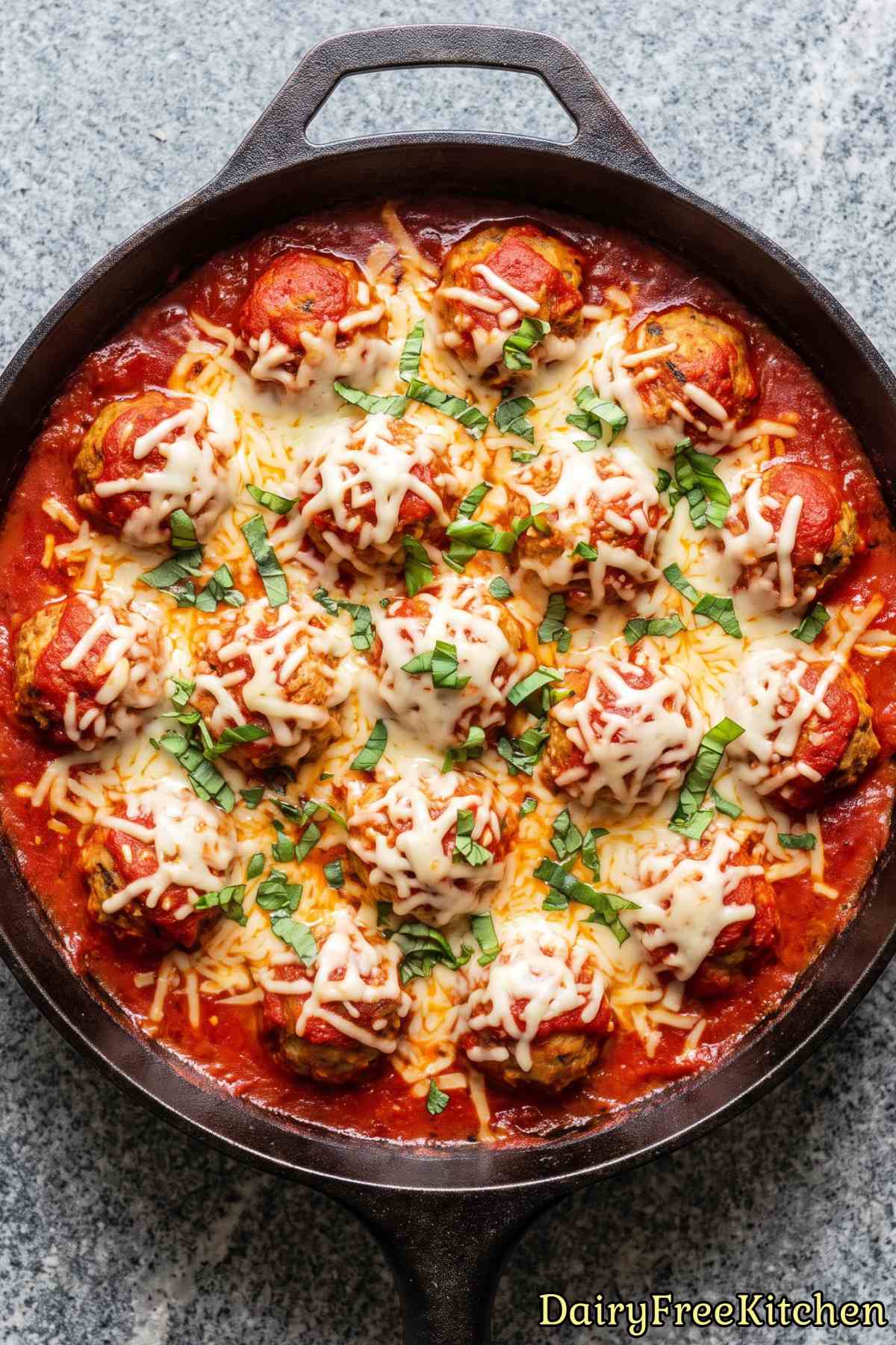 Savory chicken parm meatballs without dairy.