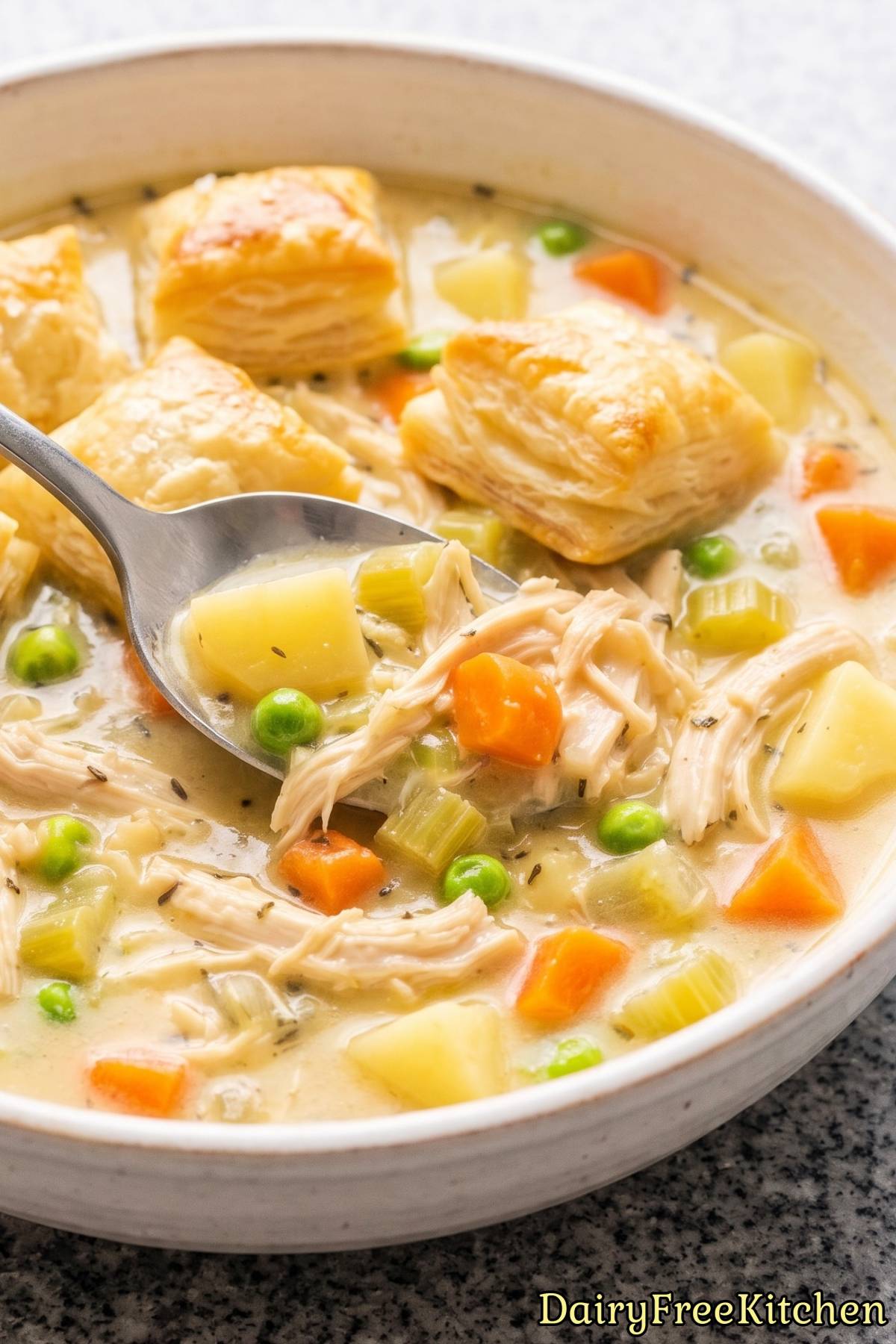 Warm bowl of dairy free chicken pot pie soup