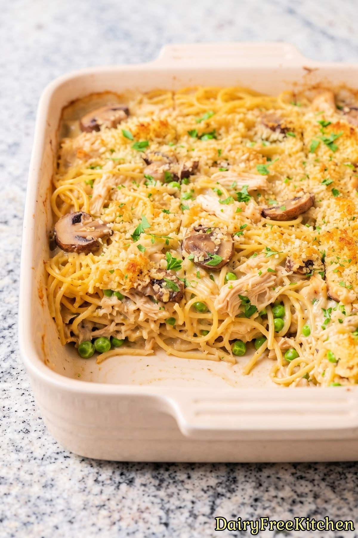 Dairy free chicken tetrazzini pasta bake