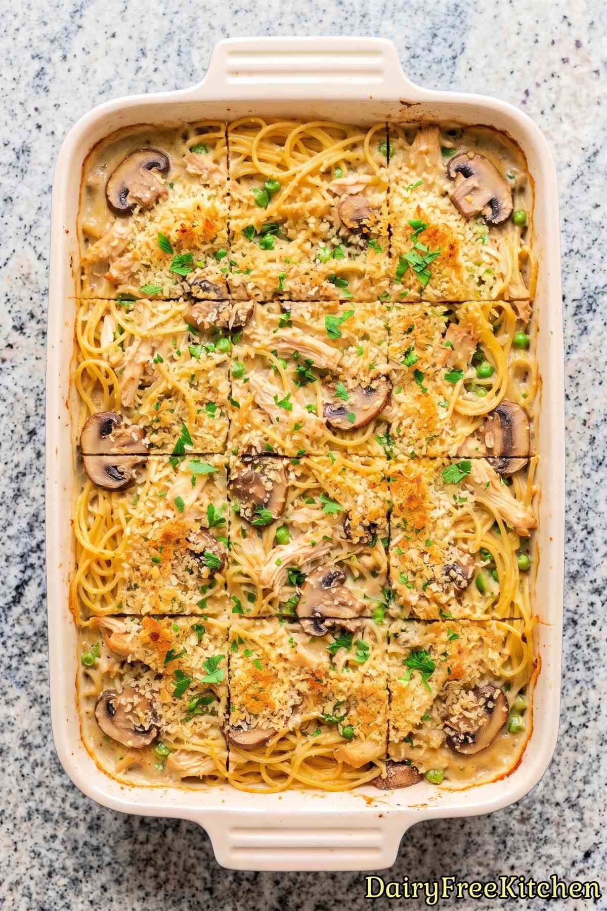 Warm dairy free chicken pasta casserole