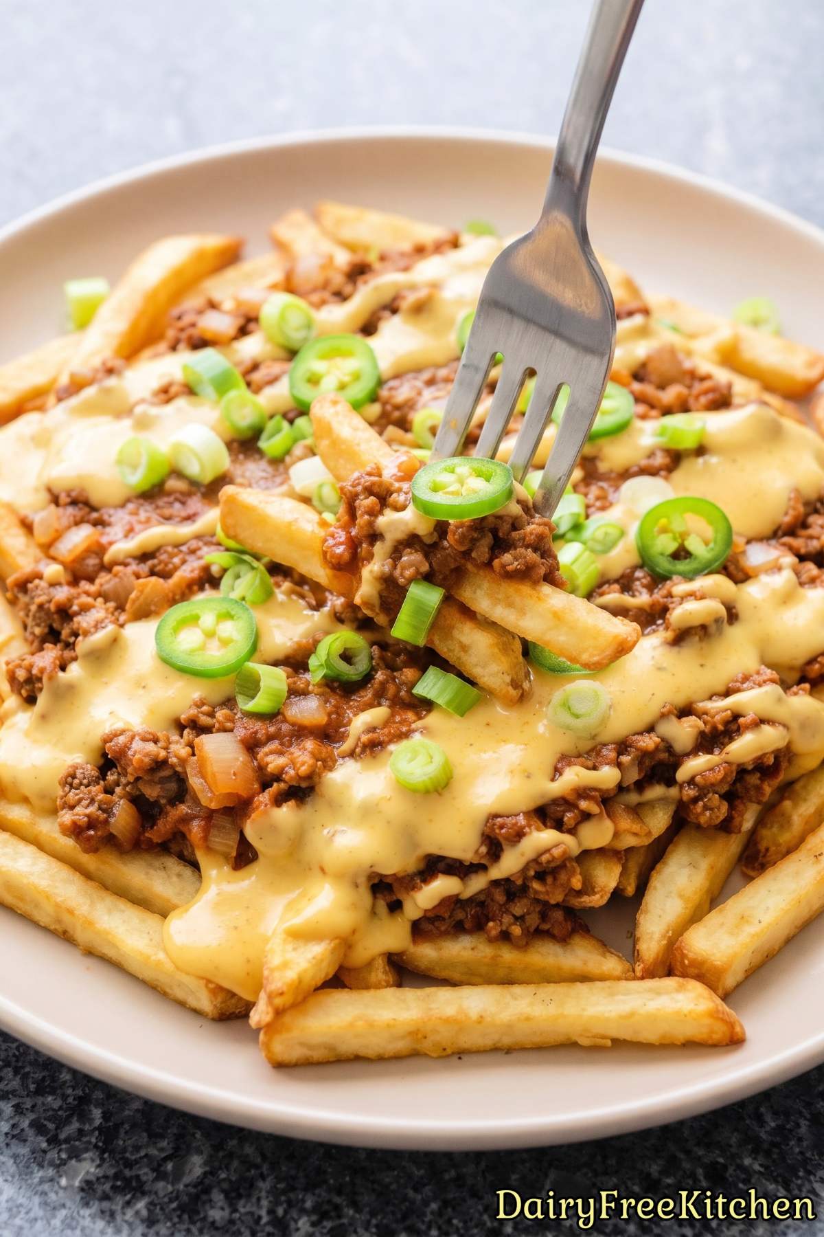 Hearty dairy free chili cheese fries