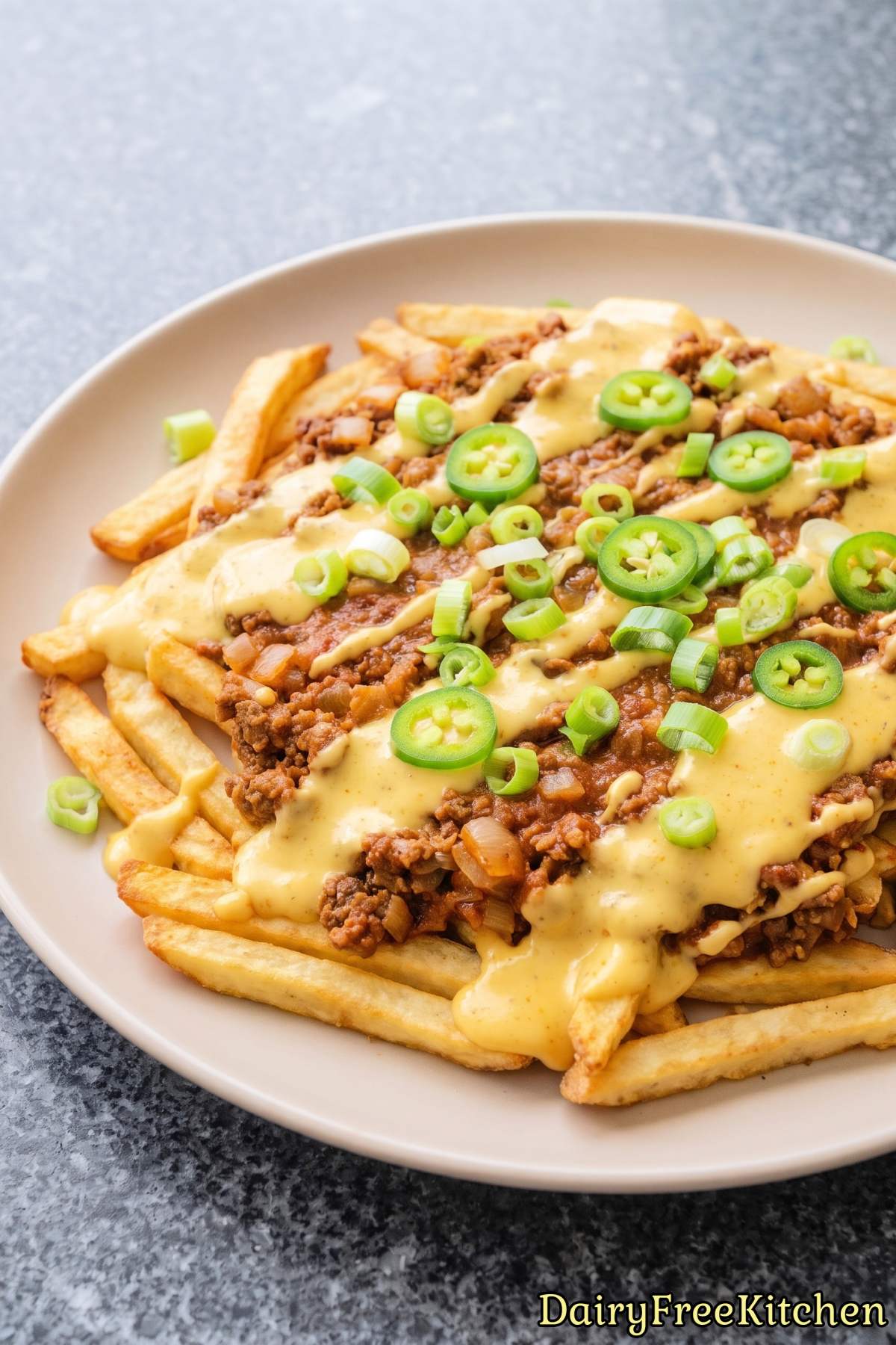 Savory dairy-free chili cheese fries