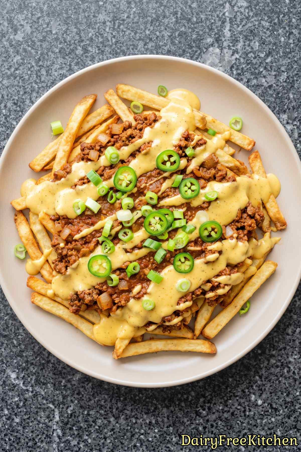 Dairy free chili cheese fries in a bowl