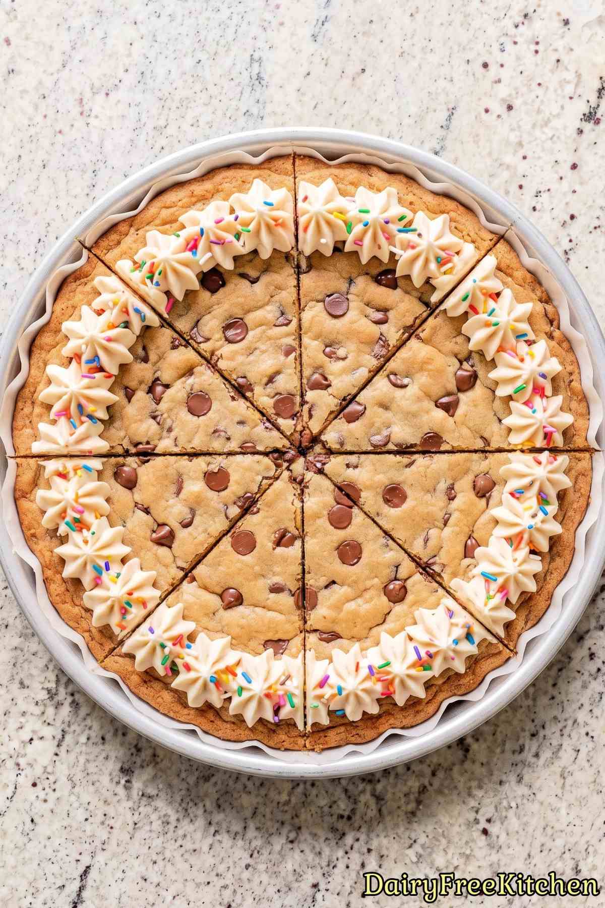 Rich dairy free chocolate chip cookie cake