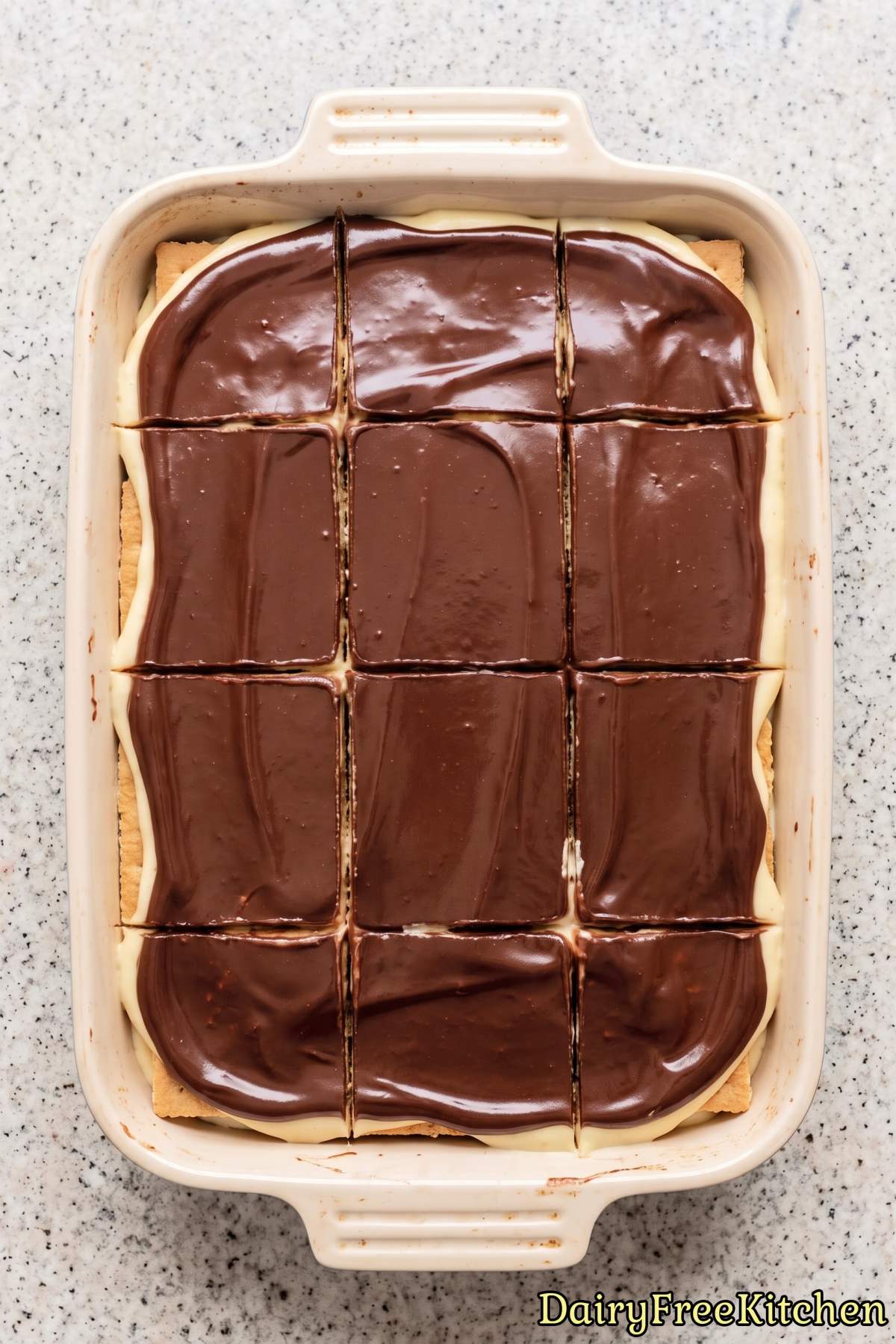 Rich dairy free chocolate eclair cake slice