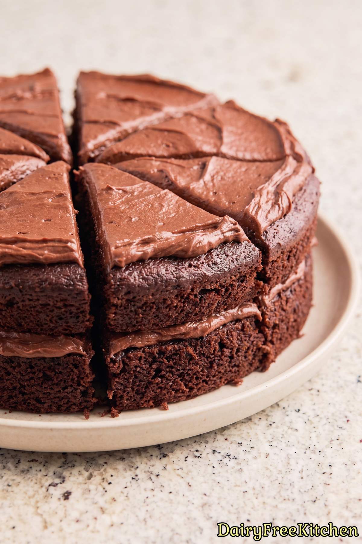 Sweet frosted dairy free chocolate layer cake
